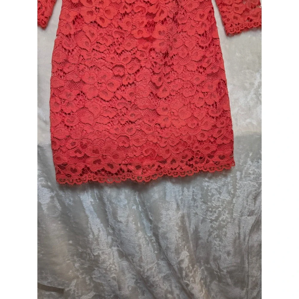 Trina Turk‎ Coral Red Floral Lace Sheath Dress 3/4 Sleeve Size 4 Cocktail Event